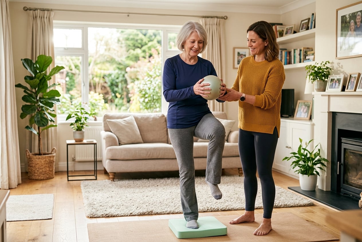 Caregiver supporting an older adult during a balance exercise at home, demonstrating safe supervision during fall prevention training
