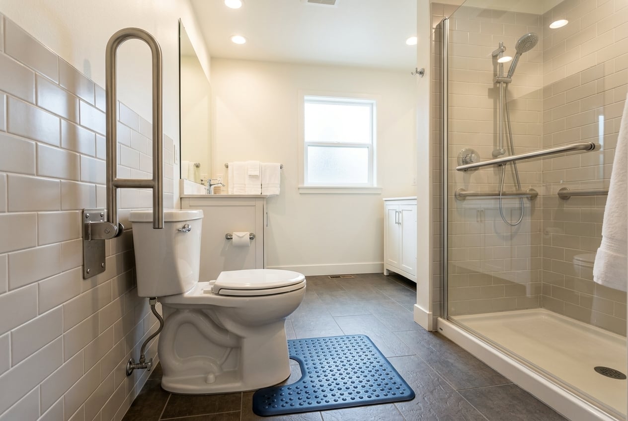 Bathroom safety setup for seniors showing grab bars beside the toilet and inside the tub with a non-slip bath mat to help prevent falls