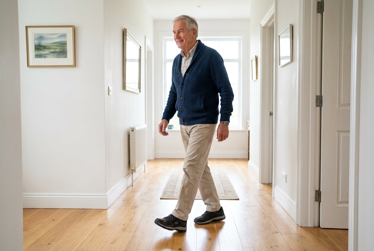 Older adult practicing the heel-to-toe tandem walking balance exercise along a wall for support to improve coordination and prevent falls