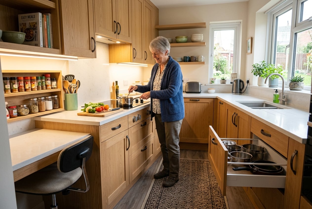 Senior-friendly kitchen with frequently used items stored at waist-to-shoulder height and a rubber-backed mat at the sink to reduce slip and fall risk