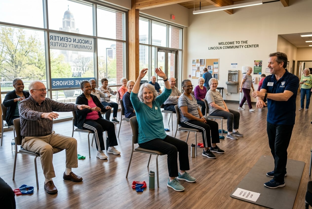 Group of older adults participating in a senior fitness class in Lincoln, Nebraska, staying active and social together