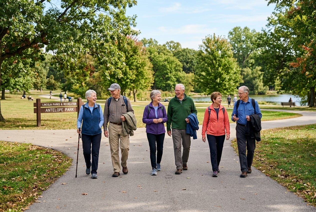 Seniors walking together on a paved park trail in Lincoln, Nebraska, enjoying safe outdoor exercise with benches and rest spots nearby