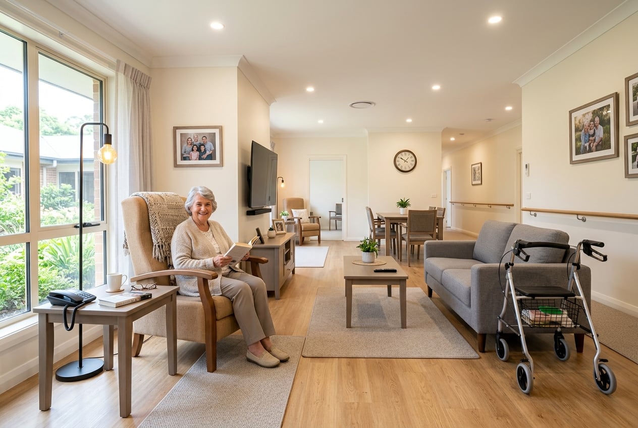 Clutter-free living room arranged for senior home safety with clear walking paths, secured rugs, and good lighting to prevent falls