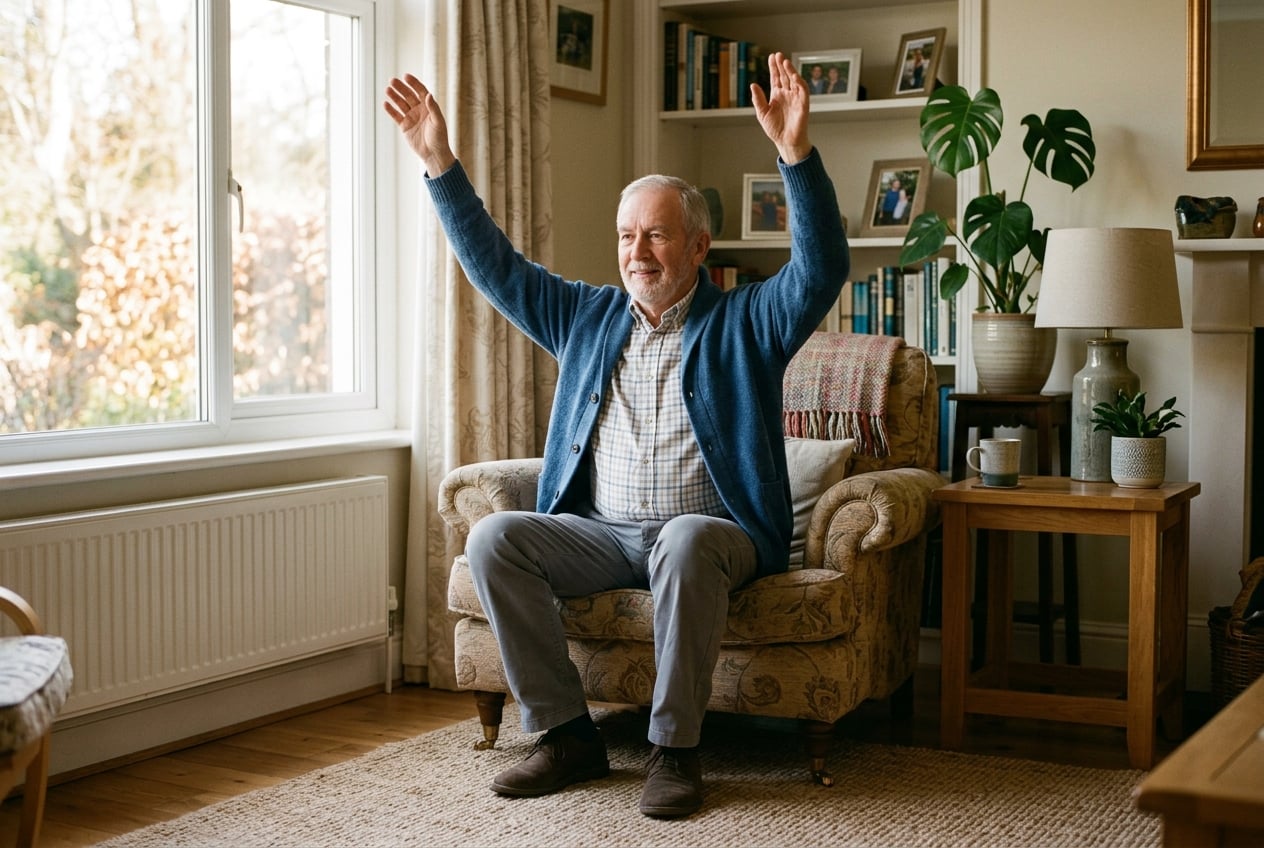 Older adult doing seated arm raise exercises in a chair to gently build upper-body strength at home