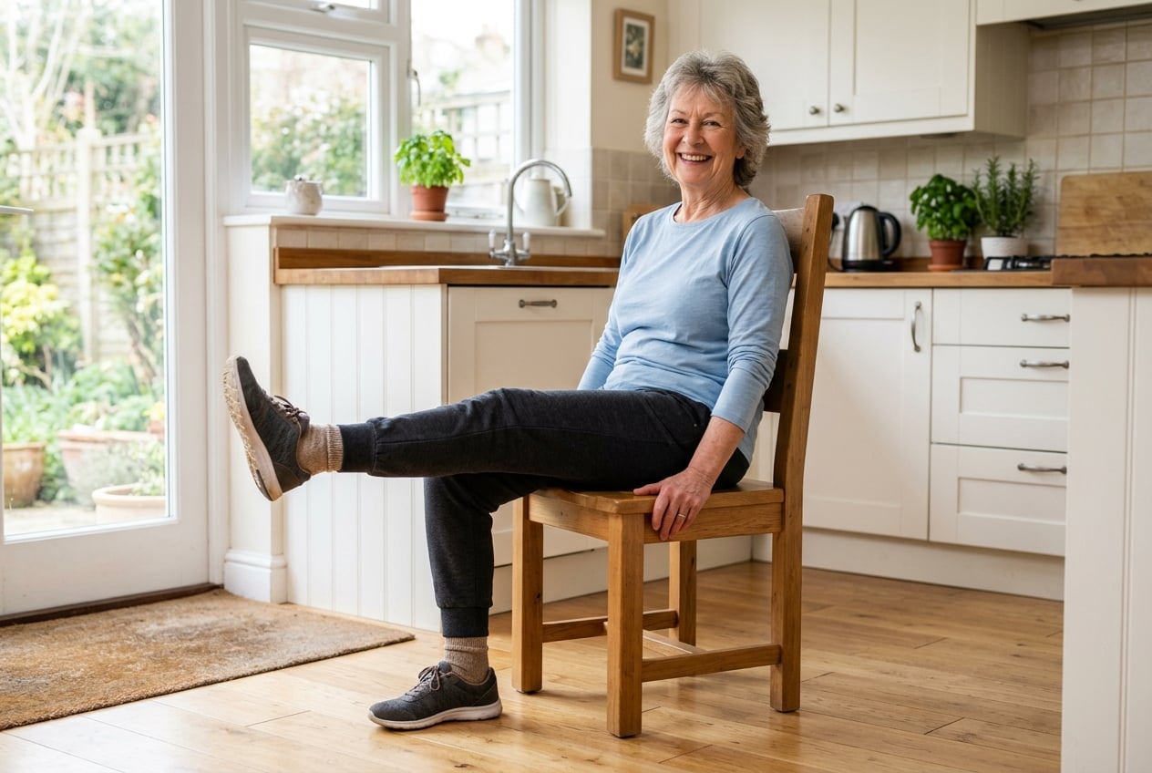 Senior woman performing a seated leg lift exercise in a sturdy chair at home, demonstrating safe chair-based strengthening for older adults