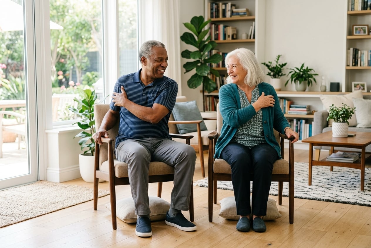 Senior performing a gentle seated torso twist exercise in a chair to improve flexibility and core mobility